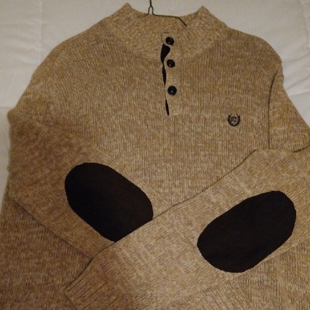 Chaps Tan Crewneck Sweater with Elbow Patches